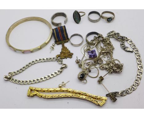 Silver and other jewellery including a bangle and rings