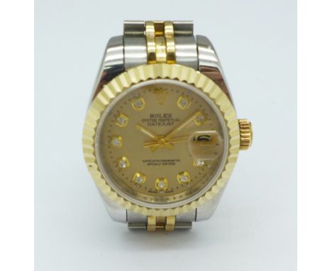 A lady's Rolex bi-metal Oyster Perpetual Datejust Superlative Chronometer wristwatch, champagne dial with diamond set hour ma