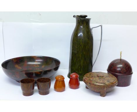 A collection of Bakelite including a Thermos flask and bowl, (8)