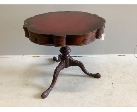 A Victorian style circular mahogany tripod centre table, with leather inset top, diameter 79cm, height 71cm