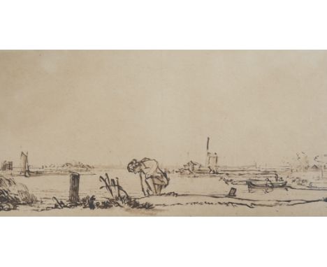 After Rembrandt (Dutch, 1606-1669) Old Master ink, Landscape with kneeling figure, Erich Bretschneider, Leipzig label verso, 