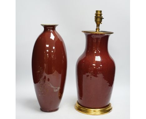 Two Chinese sang-de-boeuf vases, one mounted as a lamp, tallest 40cm total