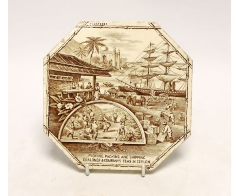 19th century Wedgwood Ceylon Teapot stand / tile, ‘Picking, packing and shipping Chalonee & Company’s Teas in Ceylon, 15.5cm 