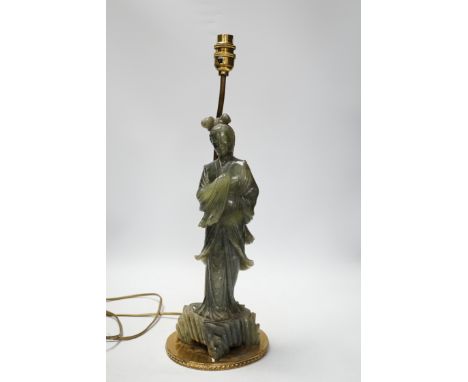 A Chinese carved soapstone figural lamp, 48cm total