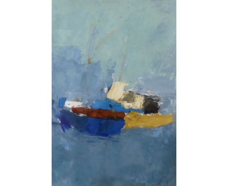 Morris Nitsun (b.1943) oil on paper, abstract composition with boats, signed, details verso, 21 x 15cm