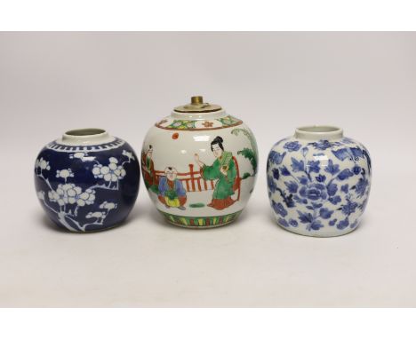 Three Chinese ginger jars, including a blue and white prunus example, Late 19th/early 20th century, largest 13cm high Enamell