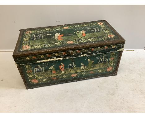 A Japanese rectangular brass and leather mounted camphorwood trunk painted with figures in landscapes, width 103cm, depth 52c