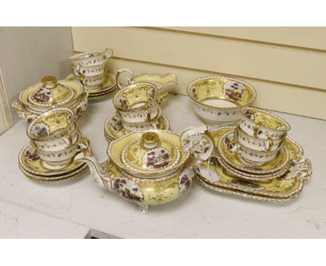 An English porcelain tea set, c.1835-45, including a teapot and cover, sucrier and cover, slops bowl, milk jug, teacups and s