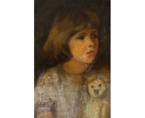 English School c.1900, oil on canvas laid on card, Portrait of a girl with her teddy bear, 37 x 26cm, unframed