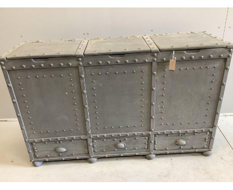 A painted faux iron studded triple hinged top trunk, width 144cm, depth 41cm, height 92cm