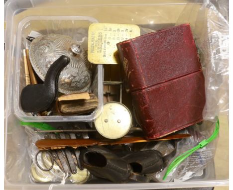Miscellaneous collectables including a pair of model, shoes in leather, a cased meerschaum smoker’s pipe, brass scales, a cor