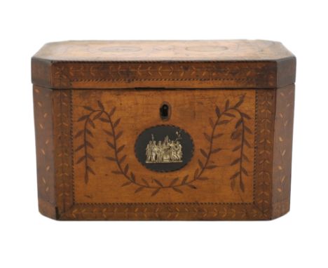 A George III Sheraton period marquetry inlaid sycamore tea caddy of octagonal form with foliate swag decoration and central c