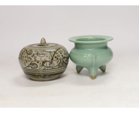 A Chinese celadon tripod censer and a Thai? Box and cover