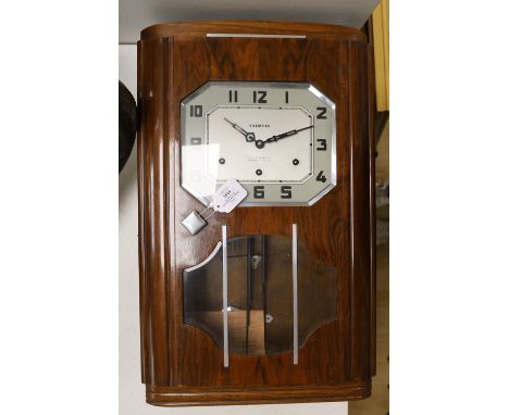 An Art Deco Westminster chiming walnut wall clock A French clock, dial signed Vedette; retailer L. Durand, Villeneuve sur Lot