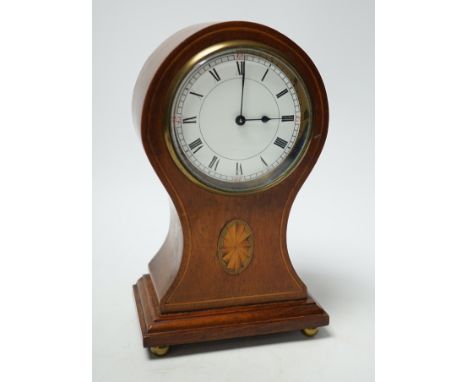 An early 20th century inlaid balloon mantel clock, 21cm Case, dial and glass good; Duverdrey & Bloquel movement has been woun