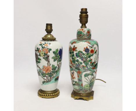Two Samson famille verte vases, now as lamps, largest 35cm high Larger lamp (Chinese) long vertical crack downward from shoul