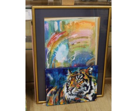 Keith Clements (1931-2003) pastel, study of a girl, signed, together with an abstract mixed media, signed J Rogers and an oil
