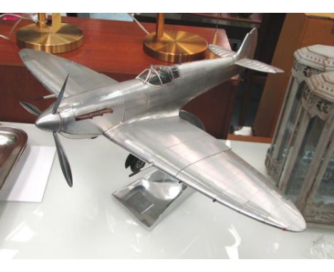 SPITFIRE MODEL, on stand, detailed replica in aluminium, 63cm L x 77cm W x 43cm H. 