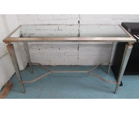 CONSOLE TABLE, silvered framed with a rectangular speckled mirrored top on square tapered supports with stretchers, 83cm H x 