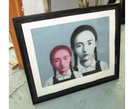 ZHANG XIAO GANG (Chinese, b.1958), 'Two Sisters', lithograph, 62cm x 74cm, signed and framed. 