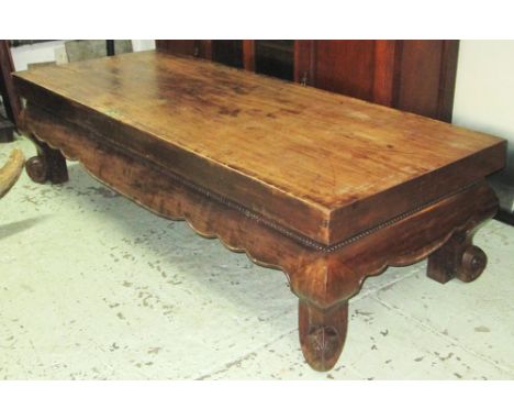 LOW TABLE, antique Chinese hardwood with loose solid rectangular top on bold scroll supports, 62cm H x 236cm x 97cm. (with fa