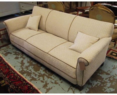 SOFA, circa 1950's three seater by Lysberg, Hansen and Terp, Denmark with new oatmeal and trellis patterned upholstery, 217cm