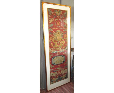 ANTIQUE CHINESE TAPESTRY, silk and gilt thread, 169cm x 49cm, with stylised dragon, elephants, butterflies, bats and clouds. 