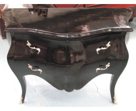 COMMODE, with two serpentine drawers in black lacquer with Italian style handles, 83cm H x 120cm W x 44cm D. 