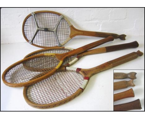 VINTAGE TENNIS RACQUETS, circa 1910, two of 'fantail' and two of 'fishtail' design. (4)