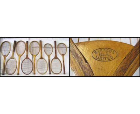 VINTAGE TENNIS RACQUETS, nine various, all circa 1895-1905, with wooden frames and gut stringing. (9)