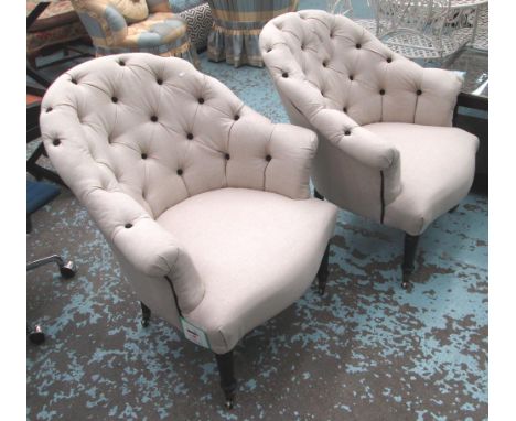 BUTTON BACK ARMCHAIRS, a pair, in neutral fabric on turned legs, 82cm W. (2)