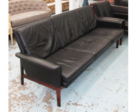 SOFA, three seater, Danish black leather with rosewood legs, 200cm x 82cm H.