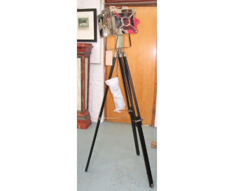 TRIPOD STUDIO LAMP, on adjustable ebonised tripod base having a chrome Art Deco style square lamp, 165cm H.