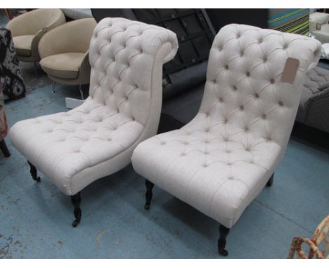 ARMCHAIRS, a pair, button back with sloping back in oatmeal fabric with scatter cushion, 80cm W. (2)