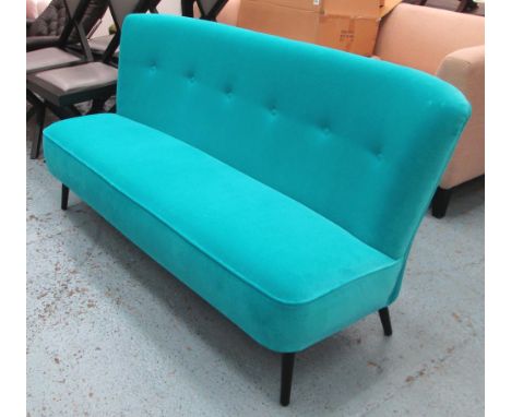 COCKTAIL SOFA, buttoned back upholstered in crushed sea blue cotton velvet on splayed legs, 170cm L. 