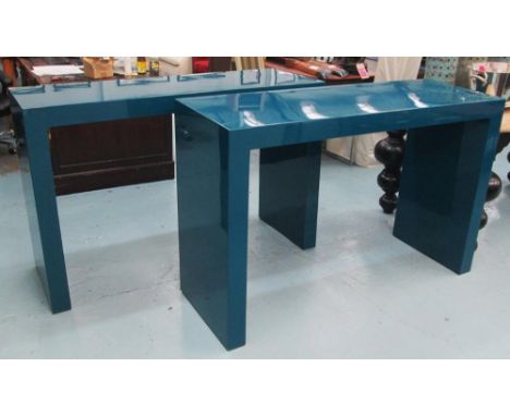 CONSOLE TABLES, a pair, blue lacquered of plain rectangular form, each 91cm H x 140cm x 50cm. (2) ( with faults, minor scratc
