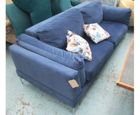 SOFA, Ligne Roset style, upholstered in blue fabric on chrome legs, with two flower cushions, 220cm L.