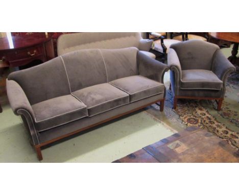 SOFA, Danish circa 1950's three seater with new light grey velvet upholstery, 187cm L and a matching armchair, 84cm W. (2)