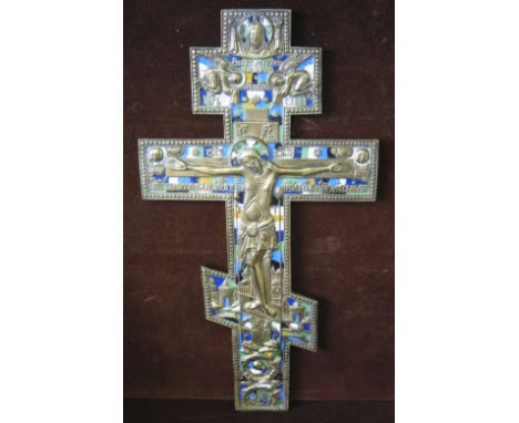 RUSSIAN CRUCIFIX, 20th century brass with coloured enamel detail, 36.5cm H x 19cm W maximum. 