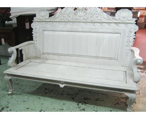 ORANGERY BENCH, carved wood in William Kent style in a distressed grey painted finish, 71cm D x 188cm W x 136cm H. 