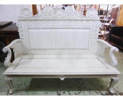 ORANGERY BENCH, carved wood in William Kent style in a distressed grey painted finish, 71cm D x 188cm W x 136cm H. 