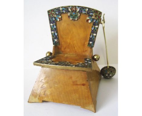 RUSSIAN SALT BOX, birchwood, in the form of a chair, with silver gilt and coloured enamel mounts, 7.5cm H, plus salt spoon. (