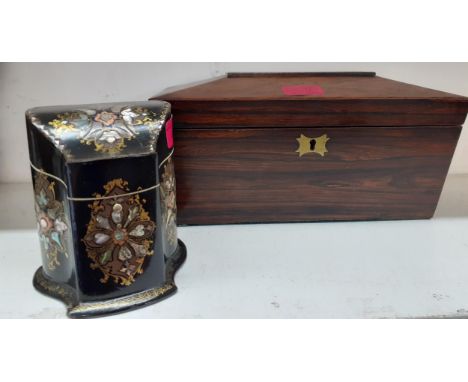 A William IV rosewood sarcophagus tea caddy A/F together with a mother of pearl and black papermache box with fitted interior