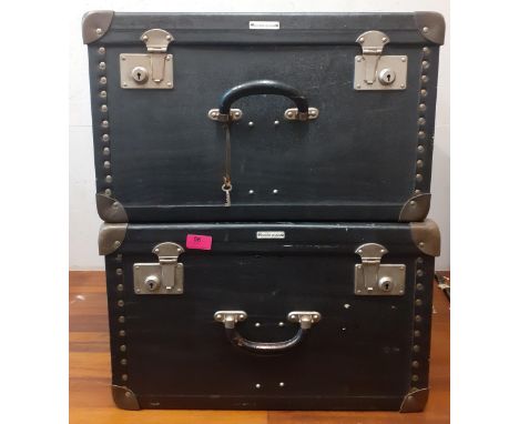 Two vintage C.Friedrich Schulz black faux leather hanging clothes cases, 32cmH x 52cmW x 60cmD together with a vintage trunk 
