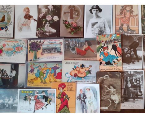 A quantity of early 20th Century postcards to include fashion, roller skating and sweetheart examples, some with written word