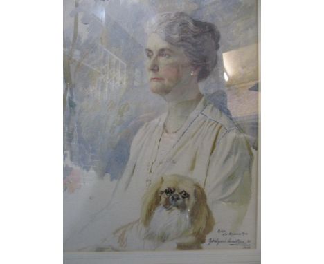 George Hillyard Swinstead (1860-1926) - Hilda, Mrs Maxwell Rose - a watercolour portrait of a seated lady with her Pekinese d