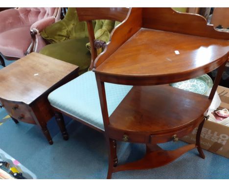 Small furniture to include a Georgian corner wash stand, a single bar back chair with green upholstered seat and a mahogany c