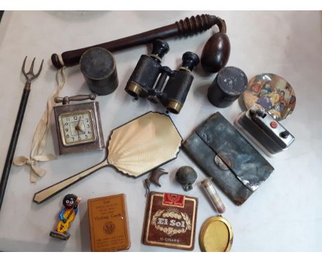 A box of miscellaneous items to include an Art Deco enamelled mirror, a silver plated table clock and a truncheonLocation: 