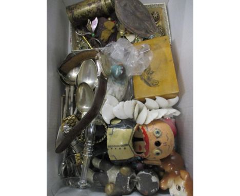 A mixed lot of costume jewellery, purse and one other, monocular telescope, wristwatches including Kered, Georgian silver spo