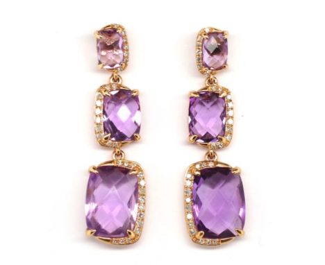 14ct rose gold, amethyst and diamond set earrings with three tiered hanging settings set with approx total weight of amethyst